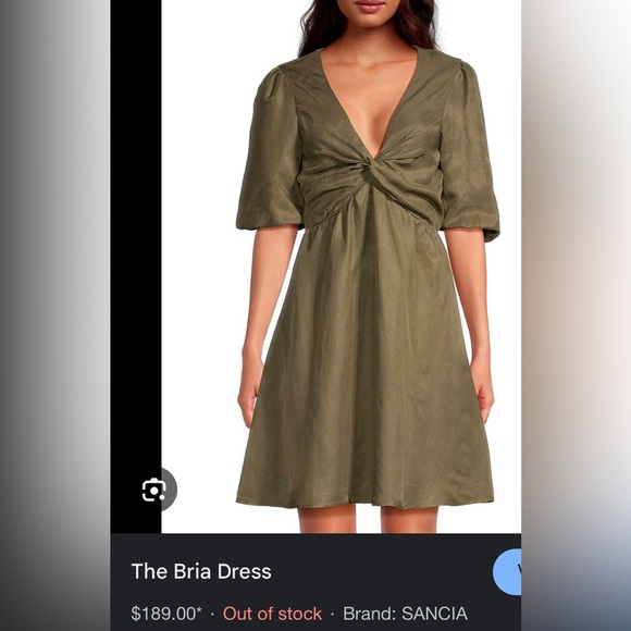 NEW Green Sancia Mini Dress with Balloon Elbow Sleeves Twist Front NWT - Picture 2 of 3